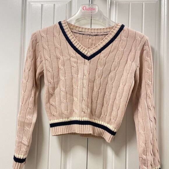 Cropped Cable Knit V-Neck Sweater Pink Navy - XS - Picture 6 of 12
